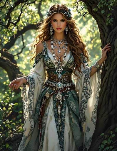 A stunning, AI-generated image depicts a woman standing in a lush forest, her long, wavy brown hair cascading down to her chest. She is adorned in an elaborate, fantasy-inspired dress that features a white and green color scheme. The dress is intricately designed with a green bodice, a brown corset, and a flowing white skirt embellished with green accents. Her ensemble is further enhanced by numerous pieces of jewelry, including a thick, ornate necklace, multiple earrings, and bracelets on both wrists. She stands gracefully beside a tree, her left hand resting against its trunk, while her right hand is positioned at her side. The background is a serene forest, with sunlight filtering through the leaves, casting a warm glow on the scene. The woman gazes directly at the viewer, her expression serene and captivating.