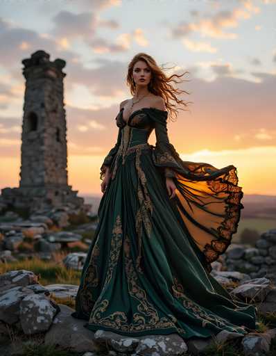 In this captivating image, a woman stands gracefully on a rocky terrain, her long, flowing hair caught in the wind. She is adorned in a stunning, dark green dress that features intricate gold embroidery along the bottom and up the sides. The dress is designed with a deep V-neckline, revealing a hint of cleavage, and its sleeves elegantly drape off her shoulders. The fabric billows behind her, adding a sense of movement and ethereal beauty to the scene.

The backdrop is a mesmerizing blend of a light blue sky adorned with clouds tinged in shades of pink and purple, suggesting the tranquil moments of either sunrise or sunset. To the left of the woman, a stone tower stands tall, its weathered gray and white stones hinting at a rich history. The tower, with its arched windows, adds a touch of medieval charm to the landscape. Below, the ground is a mosaic of gray and white stones interspersed with patches of grass and weeds, adding texture and depth to the setting.

The woman's striking appearance is further accentuated by her long, dangling earrings and a delicate necklace that rests just above her chest. Her red lipstick and the subtle shadow cast on her face by the setting sun add to her enigmatic allure. The overall composition of the image, with its blend of natural beauty and historical elements, creates a timeless and enchanting scene.