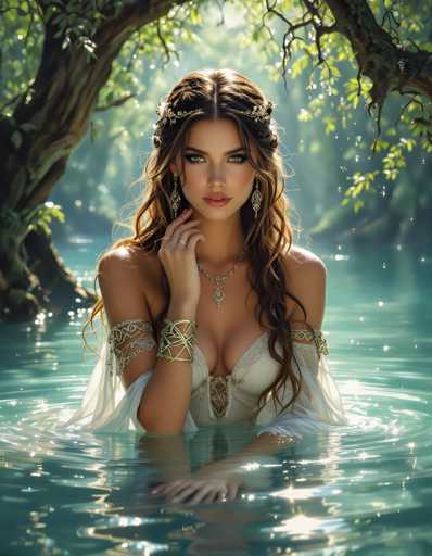 A woman with long brown hair is seen wearing a white dress and gold jewelry while standing in water surrounded by trees.