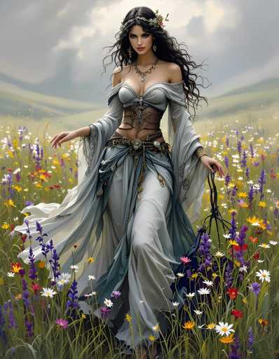 A woman with long dark hair is walking through a field filled with purple and yellow flowers. She is wearing a blue dress that flows behind her as she moves. The woman carries a bag in each hand.