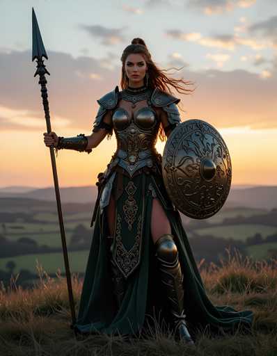A woman dressed as a medieval warrior stands on a grassy hill at sunset, holding a spear and shield with her right hand while wearing a green dress and gold armor that includes a helmet adorned with intricate designs.