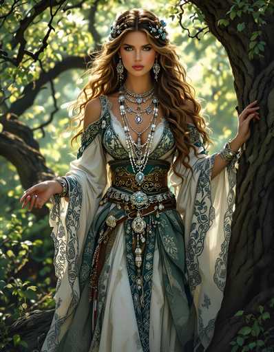 A woman is standing in front of a tree with her hair styled in loose curls and wearing a long, flowing dress that is predominantly green and white. She has a necklace around her neck and earrings on her ears. The background features trees and foliage, creating an impression of being outdoors.