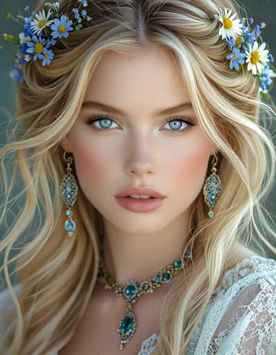 This image showcases a stunning, highly detailed, computer-generated portrait of a young woman with a fair complexion. She has long, wavy blonde hair adorned with a floral headband featuring white daisies with yellow centers and blue petals. Her striking blue eyes are accentuated by long, black eyelashes and a touch of makeup, including a subtle blush on her cheeks and pink lipstick. She wears dangling earrings with a teardrop shape, embellished with blue and white jewels. Around her neck is a thick, ornate necklace with a turquoise centerpiece, surrounded by gold and additional blue jewels. Her attire includes a white, lacy top that is visible on her shoulders, adding a delicate touch to her overall look. The background is a solid blue, which further highlights the intricate details of her portrait.