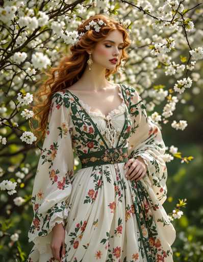 A woman with long red hair wearing a white and green floral dress stands in front of a tree filled with white flowers.