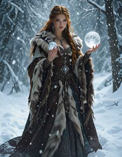 A woman dressed in a long brown fur coat and a black dress with gold accents stands in the snow, holding two large white balls in her hands. The background features trees covered in snow, creating an ethereal winter landscape.