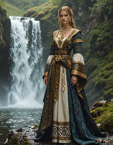 A woman is standing on a rock next to a waterfall, wearing a blue and gold dress with a white collar and sleeves. She has blonde hair styled in braids and is holding a necklace around her neck. The background features the waterfall cascading down into a pool of water below it.