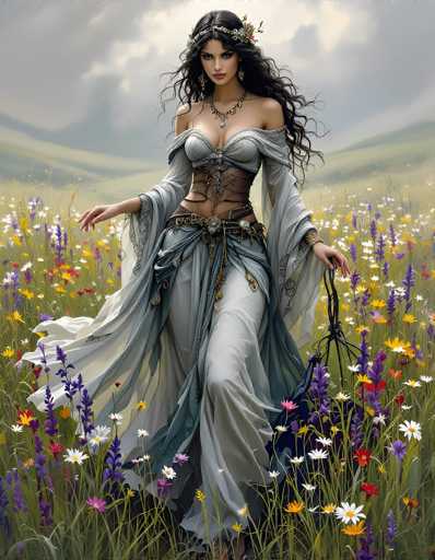 In this captivating image, a woman stands gracefully in a lush field of vibrant flowers, her long, wavy black hair cascading down her shoulders. She is adorned in a striking ensemble that features a grayish-blue, form-fitting dress with a bustier top, complemented by a flowing cape that drapes elegantly over her arms. A delicate silver necklace graces her neck, adding a touch of sophistication to her attire. Her right hand is extended outward, while her left hand rests gently on her hip, exuding a sense of poise and confidence. The background is a serene expanse of green grass, dotted with an array of colorful flowers in shades of purple, yellow, red, and white. Above, the sky is a soft, light blue, adorned with fluffy white clouds, creating a picturesque and tranquil setting.