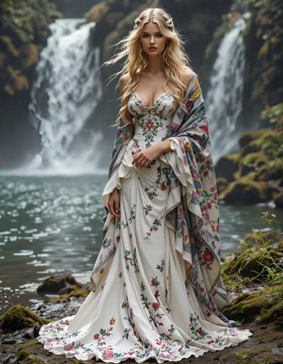 A woman is standing on a rock next to a waterfall wearing a white dress with floral patterns and a blue shawl draped over her shoulders.