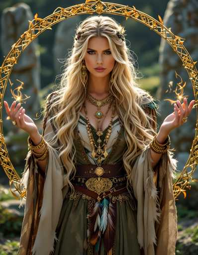 A woman with blonde hair wearing a green dress and gold jewelry stands in front of a circular frame with a golden border, holding two golden wands.