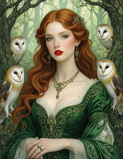 The image depicts a young woman with long, wavy red hair adorned with a green and silver hair clip. She has striking green eyes, red lipstick, and is wearing a green dress with intricate gold swirls and white lace trim. The dress features a low neckline with a green pendant hanging in the center. She accessorizes with green and silver earrings and a matching green and silver necklace. Her hands, which are crossed in front of her, display rings on her fingers. Surrounding her are four owls—two perched on her shoulders and two on the trees flanking her. The background is a lush forest with green trees and leaves, creating a mystical and enchanting atmosphere.