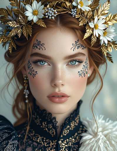 This image is a detailed, computer-generated illustration of a young woman, likely in her late teens or early twenties. She has striking features, including long, wavy auburn hair that cascades down her shoulders, with a few tendrils framing her face. Her complexion is pale, and she has a sprinkling of freckles across her nose and cheeks. Her eyes are a captivating blue, accentuated by long eyelashes and a touch of black eyeliner. Her lips are a soft pink, slightly parted to reveal her top teeth.

She is adorned with an elaborate headpiece that resembles a crown, crafted from gold leaves and interspersed with white flowers, some of which have yellow centers. The flowers are detailed, with visible petals and stamens. Her forehead is decorated with intricate blue vine patterns that extend from her eyebrows, over her cheeks, and down to her chin. She wears a dangling earring that is primarily gold, embellished with white and blue beads.

Her attire is equally ornate, featuring a high-necked, black lace dress with intricate gold embroidery. The dress is form-fitting, with a V-neck that reveals a glimpse of her upper chest. A notable feature of her outfit is a large, fluffy white feather that extends from her shoulder, adding a dramatic flair to her ensemble.

The background of the image is a muted gray, which serves to highlight the vivid details of her appearance. The overall style of the illustration is highly realistic, with a touch of fantasy that makes the young woman appear almost otherworldly.