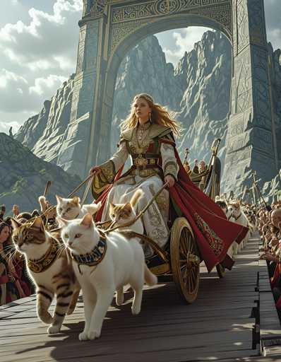 A woman dressed as a queen is riding on a chariot pulled by three white cats wearing gold and blue outfits with red and gold accents. The scene takes place under a large archway in the background, which appears to be part of an ancient castle or palace structure.
