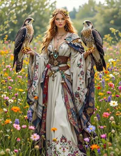 A woman stands in a field filled with colorful flowers and tall grass, wearing a long white dress adorned with intricate floral patterns and holding two birds on her shoulders.