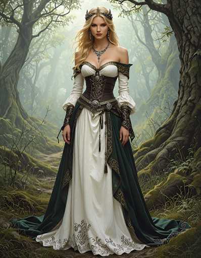 The image portrays a highly detailed, computer-generated fantasy scene featuring a young woman standing in the center of a dense forest. She has long, flowing blonde hair and is adorned with a silver crown that has spikes on the sides. Her attire is a striking combination of a white dress with intricate gold and black accents, including a corset-like top and a green skirt with gold trim. She also wears a silver necklace and matching earrings. The woman's hands rest at her sides, and she gazes directly at the viewer with a serious expression. The forest around her is lush with green trees, moss-covered ground, and a winding dirt path that curves to the right. The overall atmosphere is one of enchantment and mystery, with the woman appearing almost like a forest queen or goddess.