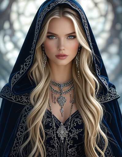 This image features a young woman with long, wavy blonde hair cascading down to her chest. She is adorned in a dark blue, velvet-like cloak that drapes elegantly over her shoulders and head, embellished with intricate white embroidery along the edges. Her attire includes a matching dark blue dress with elaborate silver and white detailing. Around her neck, she wears multiple ornate necklaces, including a choker and a longer necklace with a prominent pendant. Her striking blue eyes are framed by long eyelashes, and she wears pink lipstick that complements her fair complexion. The background is blurred, suggesting an outdoor setting with indistinct trees, adding a serene ambiance to the portrait.
