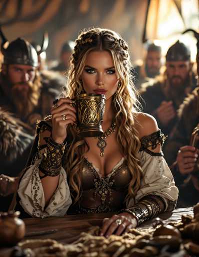 In this AI-generated image, a woman with long blonde hair styled in a braid sits at a wooden table, holding a large, ornate mug adorned with gold and black designs. She wears a white blouse with intricate gold patterns and a brown leather corset, complemented by numerous gold bracelets on both wrists. Her left hand rests on the table, showcasing a large ring on her ring finger. The background features several men dressed in Viking-style attire, including helmets with horns and long beards, adding to the medieval ambiance of the scene.