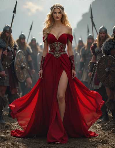 In this captivating image, a striking woman stands at the center, exuding confidence and grace. She is adorned in a stunning red dress that features a daring slit on the side, revealing her leg. The dress is intricately designed with a corset-like top, accentuating her figure. Her long, flowing blonde hair cascades down, complementing the elegant silver headpiece that adorns her head. She wears a pair of long, dangling earrings that add a touch of sophistication to her ensemble.

Her arms are adorned with red sleeves that extend from her wrists to her elbows, adding a unique flair to her outfit. She stands with one foot forward, her dress billowing out around her, creating a dramatic effect. The ground beneath her is a mix of dirt and scattered leaves, adding a rustic touch to the scene.

Surrounding her are several men, each clad in armor and holding spears, their attention fixed on her. They wear silver helmets that gleam in the light, and their beards add to their imposing presence. Some of them carry large, circular shields, while others have smaller ones. The men are dressed in a variety of armor styles, some with full suits and others with more minimal attire, including just a belt and skirt. The background is a muted gray, with a hint of a mountain visible on the right side, completing this dramatic and visually rich scene.