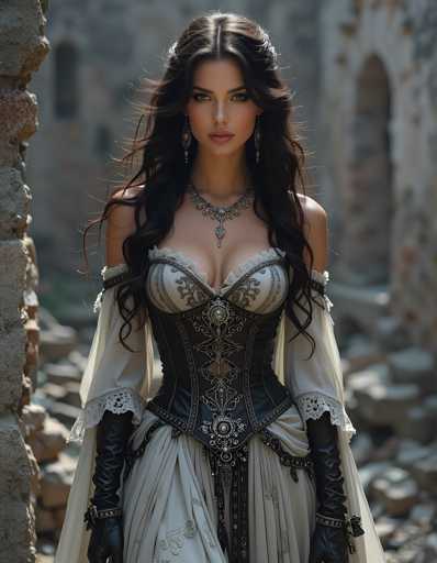 A woman with long dark hair is standing in front of a stone wall and wearing a white dress with black lace detailing and gold accents. She has her arms crossed over her chest and is looking directly at the camera.