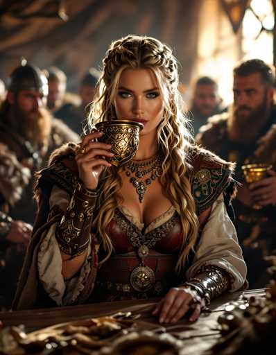 A woman with blonde hair and a gold necklace is seated at a table, holding a wine glass. The background shows other people dressed in medieval clothing, suggesting the scene takes place in a historical setting or a reenactment event.