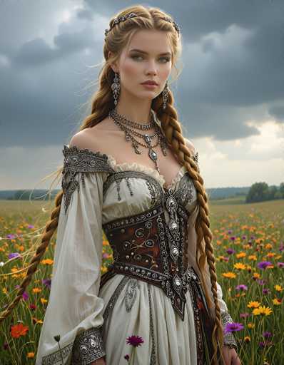 In this captivating image, a young woman stands gracefully in the middle of a vast field, surrounded by a sea of vibrant flowers. The field is adorned with a mix of orange, purple, and yellow blossoms, creating a colorful tapestry beneath her feet. In the distance, a line of trees marks the horizon, adding depth to the serene landscape.

The woman is dressed in an elaborate, medieval-inspired gown that exudes elegance and sophistication. Her dress is primarily white, featuring intricate silver embroidery and lace details. A striking red corset, embellished with silver accents, cinches her waist, adding a bold contrast to the ensemble. The dress is further adorned with silver embellishments around the sleeves and collar, enhancing its regal appearance.

Her long, reddish-blonde hair is styled into two braids that cascade down her back, framing her face beautifully. She wears a silver tiara that complements her attire, and her large, dangling earrings add a touch of sparkle. Around her neck, she sports an array of silver necklaces, each adorned with intricate designs and jewels, completing her majestic look.

The sky above is a mix of blue and gray, with clouds hinting at an impending change in weather. The woman gazes directly at the camera with a composed and serene expression, her blue eyes reflecting the tranquility of the scene. The overall composition of the image is both striking and serene, capturing a moment of timeless beauty.