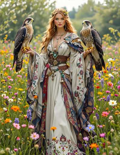In this captivating image, a woman stands gracefully in a lush field of vibrant flowers, surrounded by a serene backdrop of trees. She is adorned in a striking, medieval-style dress that features a low-cut neckline and long sleeves, complemented by a flowing cape. The dress is predominantly white, embellished with intricate floral patterns in shades of red, blue, and green. A brown belt cinches her waist, adding to the historical aesthetic.

Her long, wavy red hair cascades down her back, and she wears an elegant headpiece that enhances her regal appearance. The woman's blue eyes are striking, and she gazes directly at the camera, exuding confidence and poise. In each hand, she holds a majestic bird of prey, likely a hawk or falcon, with black wings and a white underbelly. The birds perch on her fingers, adding an element of power and elegance to the scene.

The field around her is a burst of color, with an array of flowers in hues of orange, pink, purple, blue, and white. The tall grasses interspersed among the flowers add to the natural beauty of the setting. The background is softly blurred, drawing focus to the woman and her detailed attire, while the trees provide a tranquil frame to this enchanting tableau.