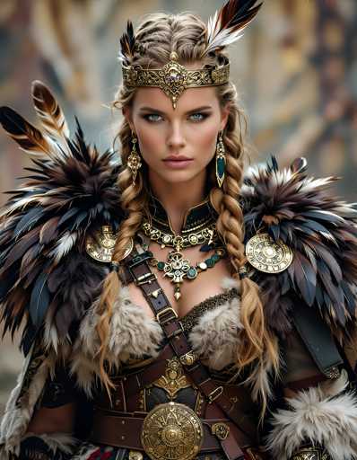 The image depicts a highly detailed, computer-generated portrayal of a young woman, possibly in her early 20s, with long, blonde hair styled in two braids that fall over her chest. She has striking blue eyes and is adorned with an ornate, gold crown featuring feathers and a prominent jewel at its center. Her attire is equally elaborate, consisting of a black and gold dress with intricate designs, including a large, ornate necklace with a central flower and a prominent gold medallion. She also wears a belt with a large, round buckle and a strap that crosses her chest. Her shoulders are decorated with feathered epaulets, and she has large, dangling earrings. The background is blurred, emphasizing her detailed and regal appearance.