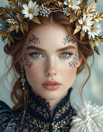 The image shows a close-up portrait of a woman with red hair and blue eyes wearing a gold crown on her head adorned with white flowers. The background is blurred, suggesting the focus is on the woman's face and attire.