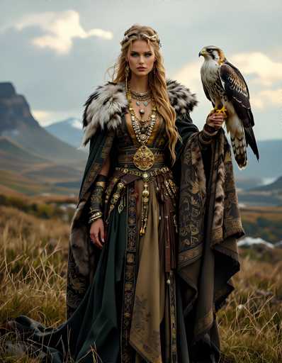 A woman stands in a field with mountains in the background wearing a long dress and holding a bird of prey on her right hand.
