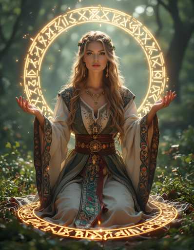In this captivating image, a woman dressed in an elaborate, medieval-inspired outfit is kneeling on a lush, green grassy area. She wears a long, flowing dress with a white undergarment and a green over layer adorned with intricate designs. Her attire includes a brown belt with a gold buckle, and a decorative sash that drapes down the front of her dress. Her long, wavy blonde hair cascades down her shoulders, and she wears a delicate floral crown. She gazes directly at the camera with a serene expression, her hands raised and open in front of her, palms facing up. Surrounding her are two glowing golden rings, one encircling her feet and the other above her head, both adorned with mysterious symbols. The background is a blurred forest, adding to the enchanting and mystical atmosphere of the scene.