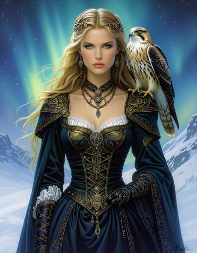 This detailed illustration depicts a young woman with long, wavy blonde hair adorned with a silver headband. She has striking blue eyes and is wearing an elaborate, dark blue dress with intricate gold trim and a white frill at the top. The dress features a bustier with a corset-like design, and she is accessorized with multiple necklaces, including a choker, and a silver belt with a gold trim. Her right hand is gloved, and she is holding a bird of prey, possibly a hawk or falcon, on her left shoulder. The bird has a white face, yellow beak, and a body covered in white and brown feathers. The background showcases a snowy mountain landscape under a night sky, illuminated by the ethereal glow of the aurora borealis. The woman's expression is serious, and she gazes directly at the viewer, creating a captivating and somewhat mysterious atmosphere.