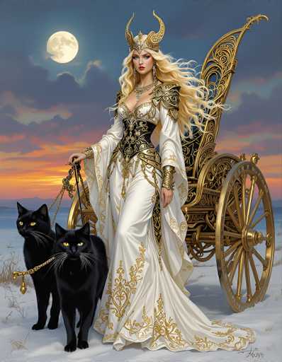 The image depicts a striking scene of a woman who appears to be a blend of a goddess and a witch, set against a snowy, nighttime backdrop. She stands in the center of the image, wearing an elaborate white gown adorned with intricate gold embroidery and a black corset. Her attire is complemented by a golden crown with two prominent horns, and she has long, flowing blonde hair cascading down her back. The woman is holding a golden leash attached to two black cats, one of which is gazing directly at the viewer. Behind her, a golden carriage with large wheels is visible, adding to the mystical ambiance. The sky above is a mix of dark blue and purple hues, with a full moon casting a soft glow. The ground beneath her is covered in snow, with patches of grass peeking through. The overall scene is rich in detail, with a color palette that includes white, gold, black, blue, purple, orange, and yellow, creating a captivating and enchanting atmosphere.