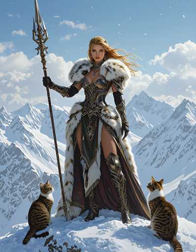 This detailed digital artwork depicts a striking female warrior standing on a snowy mountaintop. She is adorned in a form-fitting, black leather bodysuit with intricate gold accents, including a prominent belt and a chest plate. Her attire is complemented by a luxurious fur cape that drapes over her shoulders and extends down to her knees, featuring a mix of white and black fur. She wears long black gloves that reach up to her biceps, and her legs are protected by black metal armor that extends from her knees to her feet.

Her long, flowing blonde hair cascades down her back, and she gazes directly at the viewer with a serious expression. In her right hand, she wields a formidable trident, its three prongs gleaming in the light. The background reveals a serene blue sky dotted with fluffy white clouds, and snow-covered mountain peaks frame the scene on both sides.

At her feet, two cats with brown fur and distinctive black stripes on their backs and legs stand alert. The cat on the left has a white chest and neck, while the cat on the right features a white neck and a white patch on its face. Both cats are intently gazing up at the warrior, adding a touch of mystique to the composition.
