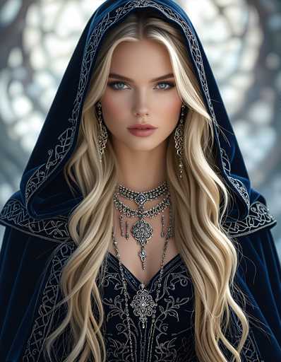 A woman with blonde hair wearing a blue hooded dress and earrings is the main subject of this image. The background features a blurred window or door, adding depth to the scene.