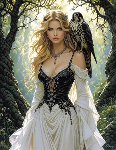 This detailed illustration depicts a young woman with long, wavy blonde hair cascading past her shoulders. She is adorned with silver butterfly clips on either side of her head and wears intricate silver earrings and a matching necklace. Her attire is a striking black corset with white lace accents, laced up the front, and a flowing white skirt. Perched on her left shoulder is a majestic bird of prey, possibly a hawk or falcon, characterized by its black and white feathers, yellow beak, and piercing eyes. The background features a serene forest scene with two large trees flanking her on either side, their branches extending overhead. The forest is lush with green leaves and grass, illuminated by sunlight filtering through the canopy, creating a warm and ethereal glow around the woman.