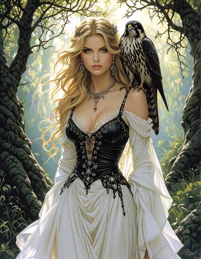 A woman with blonde hair and a white dress is standing in front of trees in a forest. She is wearing a black corset and has a bird perched on her shoulder. The background features lush green foliage and towering trees that create an impressionistic style.