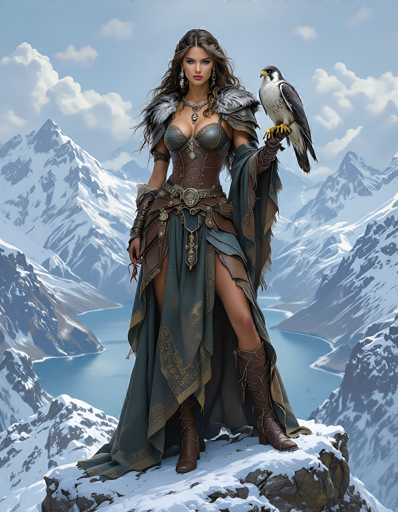 In this detailed fantasy illustration, a striking woman stands poised on a snow-covered cliff, her long, wavy brown hair cascading down to her chest. She wears a leather corset with a prominent metal buckle, paired with a flowing green and gold skirt that reveals her right leg. Her attire is accentuated by leather shoulder pads and a matching leather belt. Brown leather boots adorn her feet, and she sports a necklace with a pendant and dangling earrings. Her left arm is raised, and perched on it is a majestic bird of prey, possibly a hawk or falcon, with a white chest, black wings, and a yellow beak. The background features a serene blue lake surrounded by snow-capped mountains under a light blue sky dotted with white clouds. The woman gazes directly at the viewer, exuding an aura of strength and elegance.