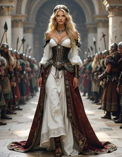 In this captivating image, a woman stands at the center of a grand, ancient hallway, exuding an aura of regality and strength. She is adorned in a striking white dress that features a dramatic slit up the front, revealing her leg. The dress is intricately detailed with a black corset-like bodice that accentuates her figure, and a flowing red cape that adds a touch of opulence to her ensemble. Her long, flowing blonde hair cascades down her shoulders, framing her face, which is marked by piercing blue eyes and a strong, determined expression. She wears a crown or tiara, further emphasizing her royal bearing.

Flanking her on both sides are lines of soldiers, their attention fixed upon her. These soldiers are clad in armor and helmets, some bearing spears, creating a sense of awe and reverence. The soldiers on the right side of the image are notably larger and more prominent, adding to the grandeur of the scene. The hallway itself is adorned with majestic columns, and the floor is made of stone, enhancing the ancient and historical atmosphere. The woman's poised stance and commanding presence suggest she is a figure of authority, perhaps a queen or a warrior princess, ready to lead her forces into battle or rule with an iron hand.