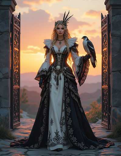 In this captivating image, a woman stands gracefully in front of a grand, open gate, framed by a stunning sunset. She is adorned in an elaborate, medieval-style dress that features a striking combination of black and white. The dress is intricately designed with a corseted bodice, adorned with lace and floral patterns, and a voluminous skirt that cascades to the ground, creating a dramatic train. The dress's sleeves are puffy and white, adding to its regal appearance.

Her long, wavy blonde hair flows down her back, and atop her head, she wears an ornate headdress resembling a crown, embellished with feathers and jewels. Around her neck, she sports a thick, black choker necklace with a pendant, adding to her majestic look. In her left hand, she holds a bird of prey, possibly a falcon or eagle, perched on her gloved fingers. The bird's plumage is a mix of black and white, with a distinctive yellow beak.

The setting around her is equally enchanting. She stands on a stone pathway, with the open gate behind her revealing a picturesque landscape of rolling hills and distant mountains. The sky is ablaze with the colors of a setting sun, casting a warm, golden glow over the entire scene. The combination of her elaborate attire, the majestic bird, and the breathtaking natural backdrop creates a visually stunning and richly detailed image.