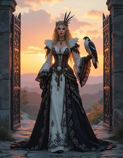 A woman stands in front of a gate with her arms crossed and a bird perched on her shoulder. She is wearing a long black and white dress with a corset and a crown on her head. The setting appears to be outdoors during sunset, with the sky painted in warm hues of orange and yellow.