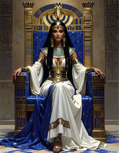 A woman dressed in an Egyptian-style outfit is seated on a throne with her hands resting on the seat and her legs crossed at the ankles. The throne is adorned with gold accents and a blue and white patterned cloth draped over it.