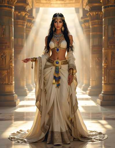 A woman is standing in front of a large column with her arms outstretched and wearing an elaborate white dress adorned with gold accents. She has a crown on her head and is holding a golden object in her hand. The background features a large window that allows natural light to illuminate the scene, creating a warm glow around the woman.