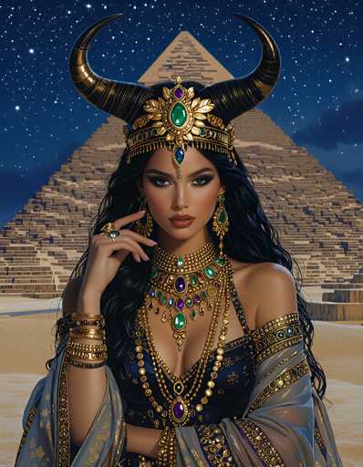 The image depicts a striking, AI-generated scene of a woman standing in front of a large, ancient-style pyramid under a starry night sky. The pyramid, which is brown with white accents, is set against a backdrop of a dark blue sky filled with numerous stars. The woman, who has long black hair and tan skin, is adorned in elaborate gold and green jewelry. She wears a golden crown with two large, curved horns that resemble those of a bull or goat, and the crown features a prominent green jewel in the center. Her attire includes a black dress with gold trim, a blue shawl with gold accents, and multiple necklaces, bracelets, and earrings, all decorated with green and purple jewels. She has her right hand raised to her face, showcasing a ring on her finger, while her left arm rests across her waist. The overall composition and intricate details of her outfit and the pyramid create a captivating and mystical atmosphere.