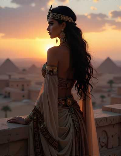 In this captivating image, a woman stands gracefully on a stone balcony, gazing out over a serene desert landscape. She is adorned in an elaborate Egyptian-style dress, featuring a striking gold and black ensemble. The dress is intricately designed with a gold band around her waist, a gold midriff section, and a flowing white skirt that cascades down to her feet. Her long, dark hair is elegantly styled, complementing the ornate gold headband that adorns her forehead. Large, dangling gold earrings dangle from her ears, adding to her regal appearance.

The backdrop is a breathtaking sunset, with the sun just peeking over the horizon, casting a warm, golden glow across the sky. The sky is a blend of soft pink and yellow hues, with wispy clouds adding texture to the scene. In the distance, the iconic pyramids of Egypt rise majestically, their ancient silhouettes standing tall against the colorful sky. Below the pyramids, a collection of small, flat-roofed buildings with dark windows can be seen, nestled among the sandy expanse. The entire scene is bathed in a soft, pinkish light, enhancing the timeless beauty of this moment.