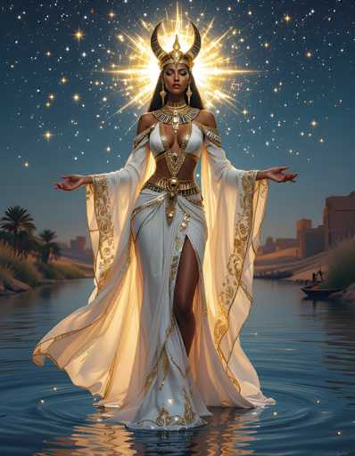 The image depicts a striking, computer-generated scene of a woman standing in water, surrounded by a starry night sky. The woman, who appears to be of African descent, is adorned in an elaborate white gown with intricate gold trim and a high slit that reveals her leg. Her attire includes a golden belt, a choker, and long sleeves that drape elegantly around her arms. She wears a golden crown with two horns, and her hair is styled in a ponytail. Her arms are outstretched, and she gazes downward, exuding a sense of serenity and power.

Behind her, a radiant, sunburst-like light emanates, creating a halo effect that contrasts beautifully with the dark blue sky filled with stars. The water around her is calm, reflecting the starry sky and adding to the ethereal atmosphere.

In the background, a cityscape with tall buildings is visible on the right, while palm trees and grassy areas line the left bank of the water. A small boat can be seen on the right side, adding to the serene and mystical ambiance of the scene. The overall composition suggests a blend of ancient mythology and modern fantasy, with the woman appearing as a celestial or goddess-like figure.