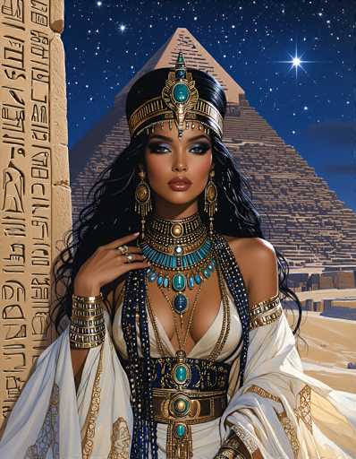 This detailed digital illustration depicts a young Egyptian woman standing in front of a large pyramid adorned with hieroglyphics. The night sky is filled with stars, and a particularly bright star shines in the upper right corner. The woman, who has long black hair, is wearing an elaborate gold and turquoise headdress that extends down to her forehead. She is dressed in a white gown with gold trim and a low-cut neckline, complemented by a turquoise and gold belt. Her attire is further embellished with multiple turquoise and gold necklaces, including a choker, and she wears several gold bracelets on her wrists. She also has rings on her fingers and large, dangling earrings. The overall scene is rich in detail, capturing the essence of ancient Egyptian culture and beauty.