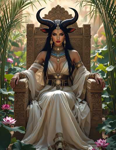 This image portrays a striking, AI-generated depiction of a powerful female figure seated on an ornate throne. The throne, crafted from a light brown material with intricate carvings, features a high back adorned with a floral design and is flanked by two large, square armrests. The woman, who exudes an air of regality and intensity, has long, flowing black hair cascading past her shoulders. Her face is framed by a gold headpiece that extends down to her forehead, and she wears large, dangling gold earrings. Her expression is stern, with piercing eyes and a set of full lips.

Her attire is equally elaborate, consisting of a low-cut, white dress with gold trim and a brown belt that cinches at her waist. The dress is complemented by gold armbands and bracelets, adding to her majestic appearance. Notably, she possesses black and brown animal ears and large, curved black horns that extend from the sides of her head, giving her a mythical aura.

The background is lush with green plants and vibrant pink flowers, enhancing the ethereal quality of the scene. The overall composition, with its detailed and fantastical elements, suggests a blend of ancient mythology and modern digital artistry.