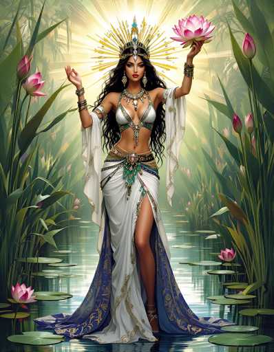 The image portrays a striking, AI-generated depiction of a woman who appears to be a blend of a goddess and a belly dancer. She stands gracefully on a serene body of water, surrounded by lush greenery and vibrant pink water lilies. Her attire is a stunning ensemble of white and blue, featuring a flowing skirt with a slit that reveals her leg, and a matching bra-like top. She adorns an elaborate gold crown with blue jewels, and her long, wavy black hair cascades down her shoulders. Her accessories include a thick, ornate necklace, multiple bracelets on both arms, and a bangle on her wrist. She holds a pink water lily in her left hand, while her right hand is raised in a poised gesture. The background is illuminated by a radiant sun, casting a golden glow over the scene, enhancing the ethereal and magical atmosphere.