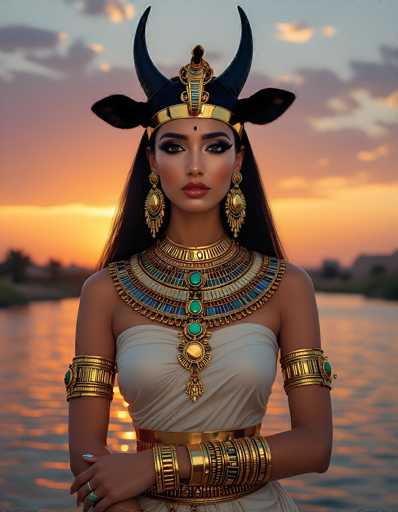 The image depicts a strikingly beautiful woman with dark skin, adorned in elaborate ancient Egyptian attire. She stands against a backdrop of a serene lake at sunset, with the sky painted in hues of orange and pink, and a few clouds scattered above. The woman's long, dark hair cascades down her back, complementing her ornate ensemble. She wears a white, sleeveless dress cinched with a gold belt, and her arms are adorned with multiple gold bangles and bracelets. Her wrists are decorated with large gold rings, and she has a gold cuff on each bicep. 

Her neck is graced by an intricate, multi-layered gold necklace featuring turquoise and blue gemstones, with a prominent pendant hanging down to her chest. She sports large, dangling gold earrings with turquoise accents. Atop her head, she wears a black headdress adorned with gold trim and two black horns, resembling those of a cow or bull, with ears extending from the sides. Her makeup is bold, with dark eyeshadow and red lipstick, and a small black dot sits between her eyebrows. The overall effect is one of regal, mythological beauty, captured in a moment of serene elegance.