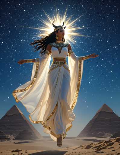 The image depicts a striking scene of a woman who appears to be an Egyptian goddess, floating gracefully above a sandy desert landscape. She is adorned in a long, flowing white dress with intricate gold trim, including a gold belt and a gold band around her waist. Her attire is complemented by a golden cape that drapes elegantly over her arms. The woman has long, dark hair cascading down her back and wears a golden headband with two prominent horns. Her face is framed by large, dangling gold earrings, and she gazes upward with a serene expression. Behind her, a radiant sunburst of light emanates, casting a divine glow. The backdrop features two majestic pyramids on either side, set against a deep blue night sky filled with twinkling stars. The overall composition exudes a sense of mysticism and ancient Egyptian grandeur.