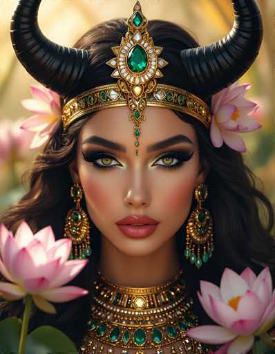 This image features a strikingly beautiful woman with long, dark brown hair and captivating green eyes. She is adorned with an elaborate headpiece that includes two large, black horns and a gold band encircling her forehead. The headpiece is embellished with a central green gemstone, surrounded by smaller white stones, and extends down to her nose, with additional green and white stones hanging beneath it. Her makeup is meticulously applied, with dark eyebrows, long eyelashes, and bold red lipstick. She wears large, dangling gold earrings that are also adorned with green stones. Around her neck, she sports a thick, ornate gold necklace featuring green gemstones. The background is blurred, with hints of pink flowers and green leaves, adding to the overall ethereal and regal atmosphere of the image.